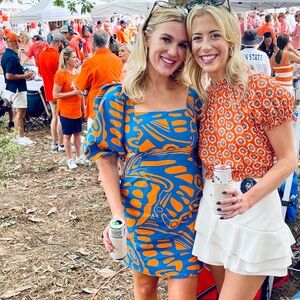 Alexis Blue and Orange Patterned Cutout Midi Dress